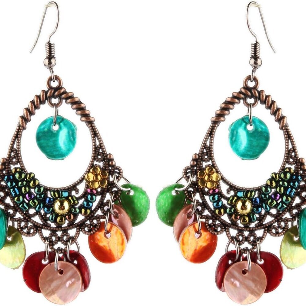 Bohemian Chandelier Coin Sequins Dangle Drop Earrings Ethnic Gypsy Beads Tassel